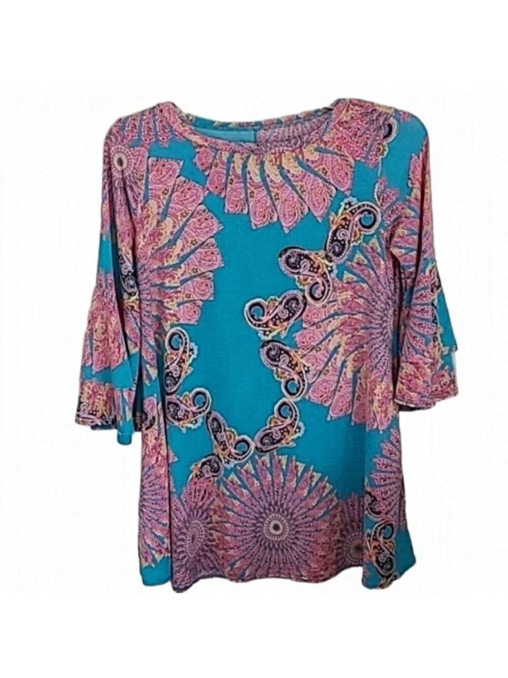 PINK & Teal Paisley Tunic Top with Bell Sleeves & Pockets Size Small